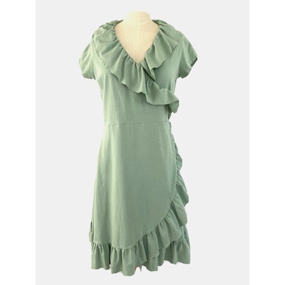 Matilda Jane Light as Air Wrap Dress Green Ruffle Trim Short Sleeve Size Small - Picture 2 of 7